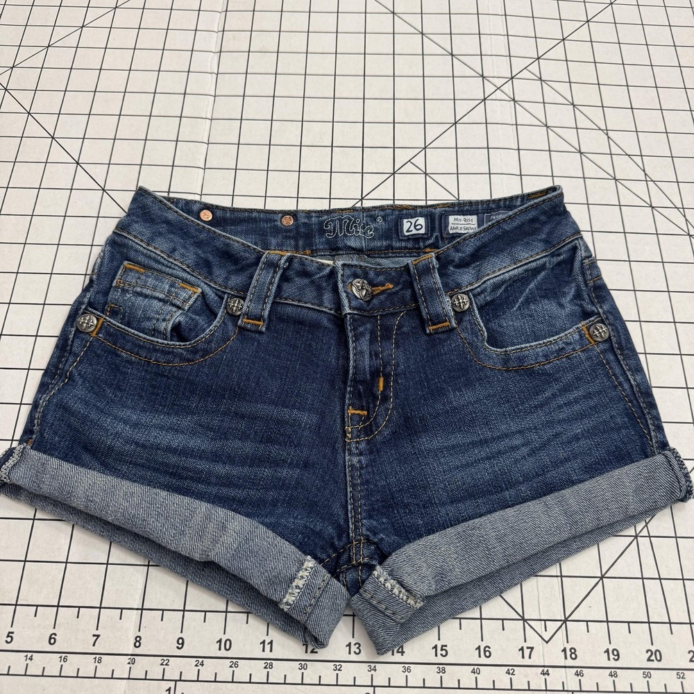 Miss Me Shorts Womens 26 Blue Denim Cuffed Cut Off Embroidered Jean Back Pockets - Picture 3 of 3